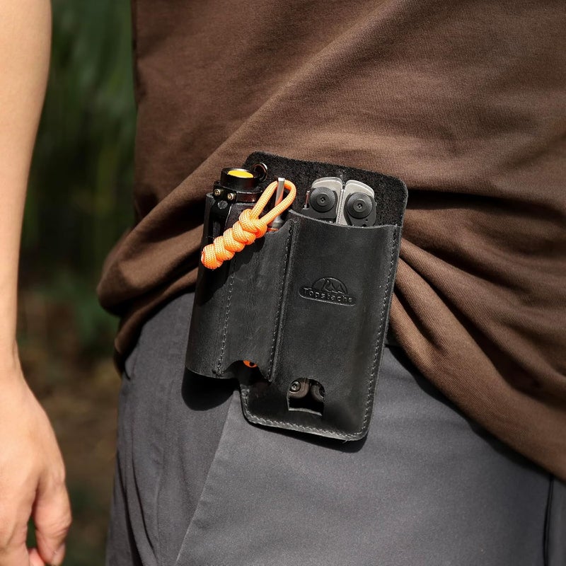 topstache Leather Multitool Sheath with Belt Clip - Leather Multitool Pouch for Belt - EDC Belt Organizer - Multitool Holster Fits Multitool, Flashlight, Pen - Leather Multitool Holder - Black - Image 5